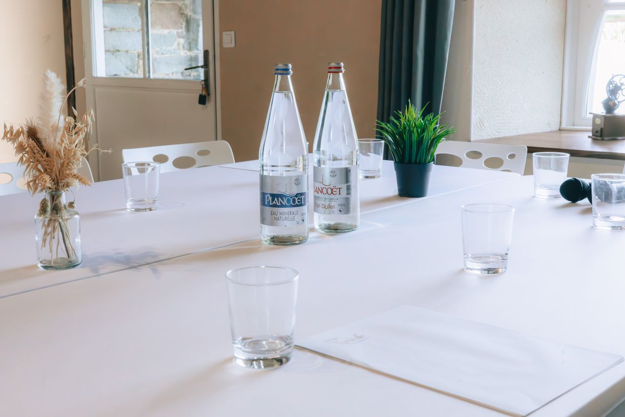 Crafting Captivating Headlines: Your awesome post title goes here Clean conference room table with water bottles, glasses, and decorative plants, ready for meeting.